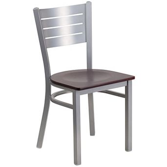 Emma and Oliver Silver Slat Back Metal Restaurant Chair - Mahogany Wood Seat