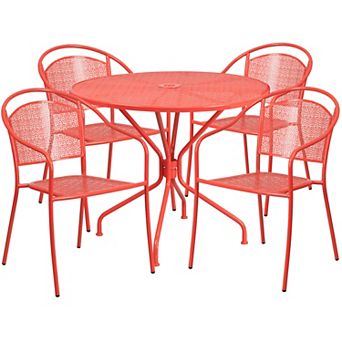 Emma and Oliver Commercial Grade 35.25" Round Coral Patio Table Set-4 Round Back Chairs