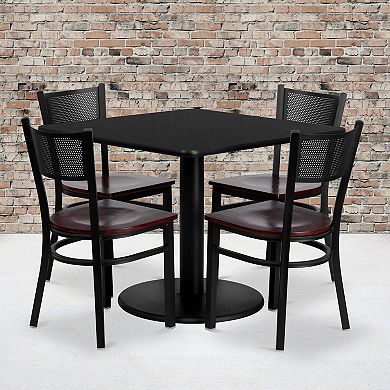 Emma and Oliver 36" Square Black Laminate Table Set, 4 Grid Back Metal Chairs