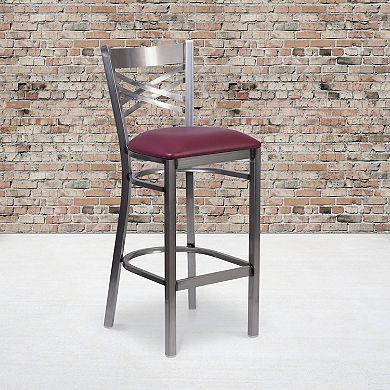 Emma and Oliver Clear Coated Metal "X" Back Barstool, Natural Wood Seat