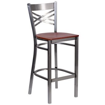 Emma and Oliver Clear Coated Metal "X" Back Barstool, Natural Wood Seat