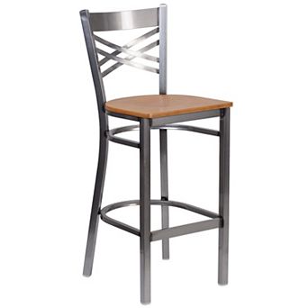 Emma and Oliver Clear Coated Metal "X" Back Barstool, Natural Wood Seat