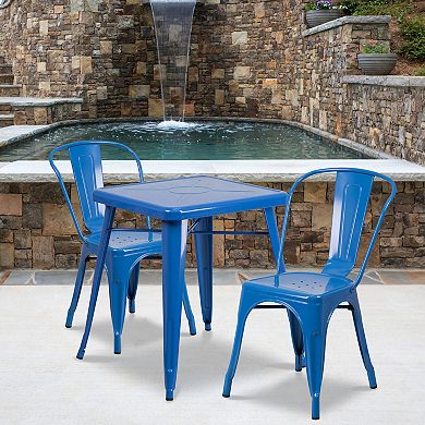 Emma and Oliver Commercial 23.75" Square Green Metal Indoor-Outdoor Table Set-2 Stack Chairs