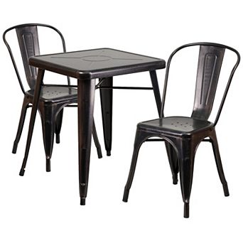 Emma and Oliver Commercial 23.75" Square Green Metal Indoor-Outdoor Table Set-2 Stack Chairs