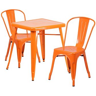 Emma and Oliver Commercial 23.75" Square Green Metal Indoor-Outdoor Table Set-2 Stack Chairs
