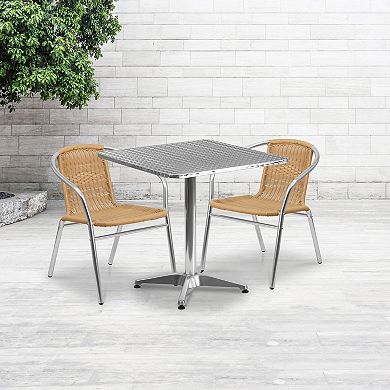 Emma and Oliver 27.5" Square Aluminum Table Set-2 Dark Brown Rattan Chairs