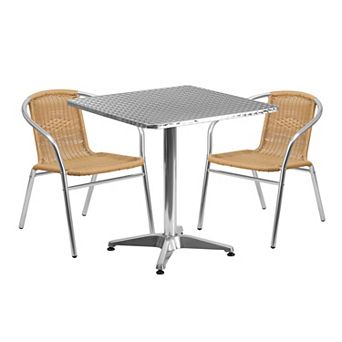Emma and Oliver 27.5" Square Aluminum Table Set-2 Black Rattan Chairs