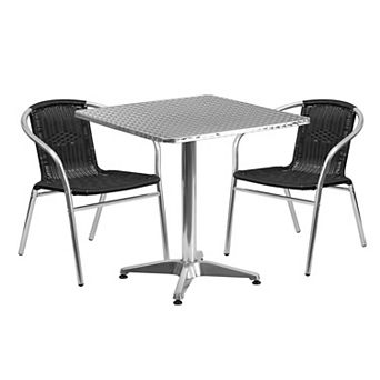 Emma and Oliver 27.5" Square Aluminum Table Set-2 Black Rattan Chairs