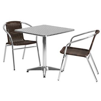 Emma and Oliver 27.5" Square Aluminum Table Set-2 Black Rattan Chairs