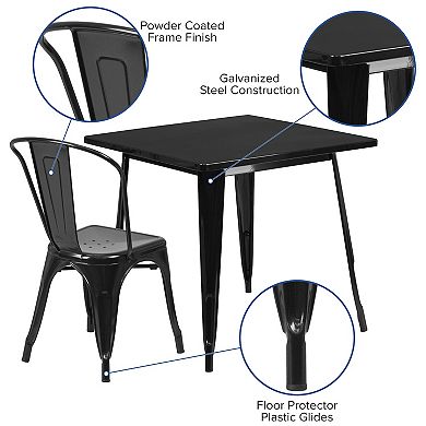 Emma and Oliver Commercial 31.5" Square Black Metal Indoor-Outdoor Table Set-4 Stack Chairs