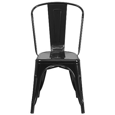 Emma and Oliver Commercial 31.5" Square Black Metal Indoor-Outdoor Table Set-4 Stack Chairs
