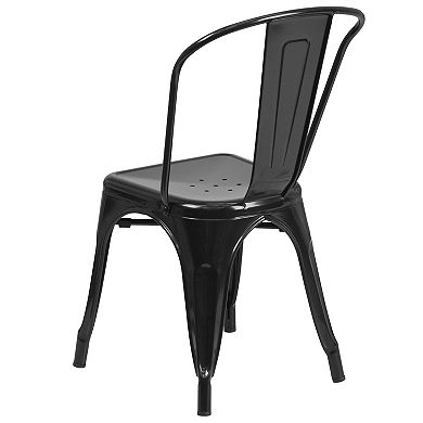 Emma and Oliver Commercial 31.5" Square Black Metal Indoor-Outdoor Table Set-4 Stack Chairs