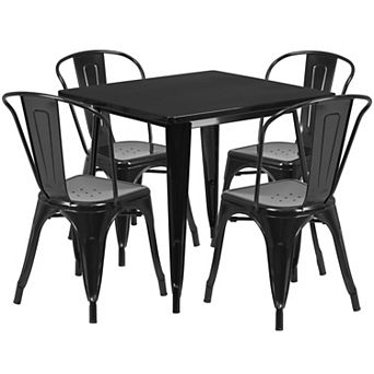Emma and Oliver Commercial 31.5" Square Black Metal Indoor-Outdoor Table Set-4 Stack Chairs