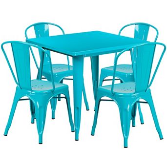 Emma and Oliver Commercial Grade Square Mint Green Metal Indoor-Outdoor Table Set-4 Stack Chairs
