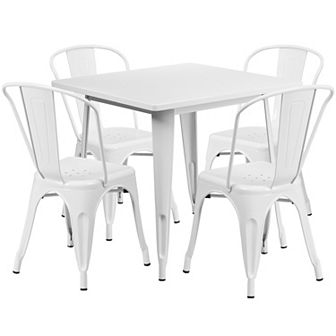 Emma and Oliver Commercial 31.5" Square Black Metal Indoor-Outdoor Table Set-4 Stack Chairs