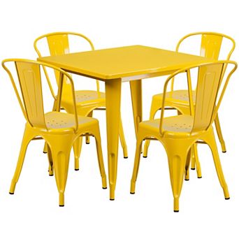 Emma and Oliver Commercial 31.5" Square Black Metal Indoor-Outdoor Table Set-4 Stack Chairs