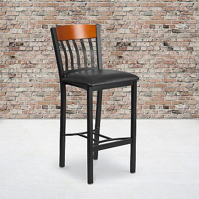 Emma and Oliver Vertical Back Metal & Walnut Wood Barstool with Vinyl Seat