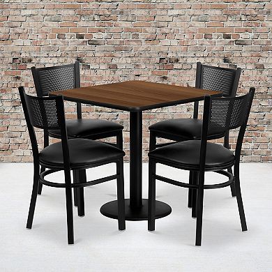 Emma and Oliver 30" Square Walnut Laminate Table Set, 4 Grid Back Metal Chairs