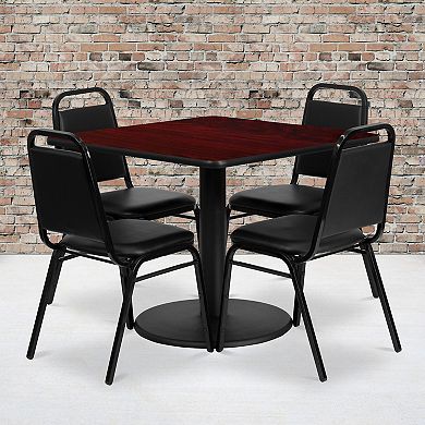 Emma and Oliver 36"SQ Black Laminate Table Set-RD Base & 4 Black Banquet Chairs