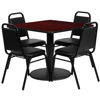 Emma and Oliver 36"SQ Walnut Laminate Table Set-RD Base & 4 Black Banquet Chairs