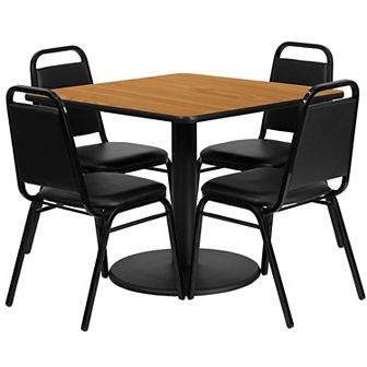 Emma and Oliver 36"SQ Walnut Laminate Table Set-RD Base & 4 Black Banquet Chairs