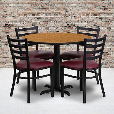 Emma and Oliver 36RD Natural Table Set-X-Base & 4 Ladder Back Chairs,Burgundy Seat