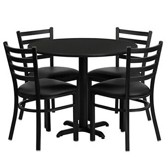 Emma and Oliver 36RD Natural Table Set-X-Base & 4 Ladder Back Chairs,Burgundy Seat