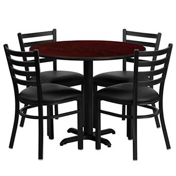 Emma and Oliver 36RD Natural Table Set-X-Base & 4 Ladder Back Chairs,Burgundy Seat