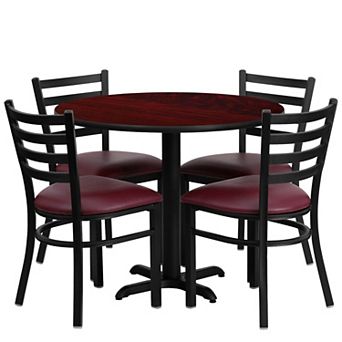 Emma and Oliver 36RD Natural Table Set-X-Base & 4 Ladder Back Chairs,Burgundy Seat