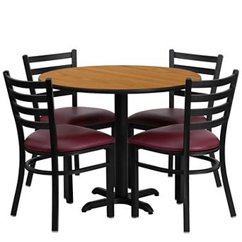 Emma and Oliver 36RD Natural Table Set-X-Base & 4 Ladder Back Chairs,Burgundy Seat