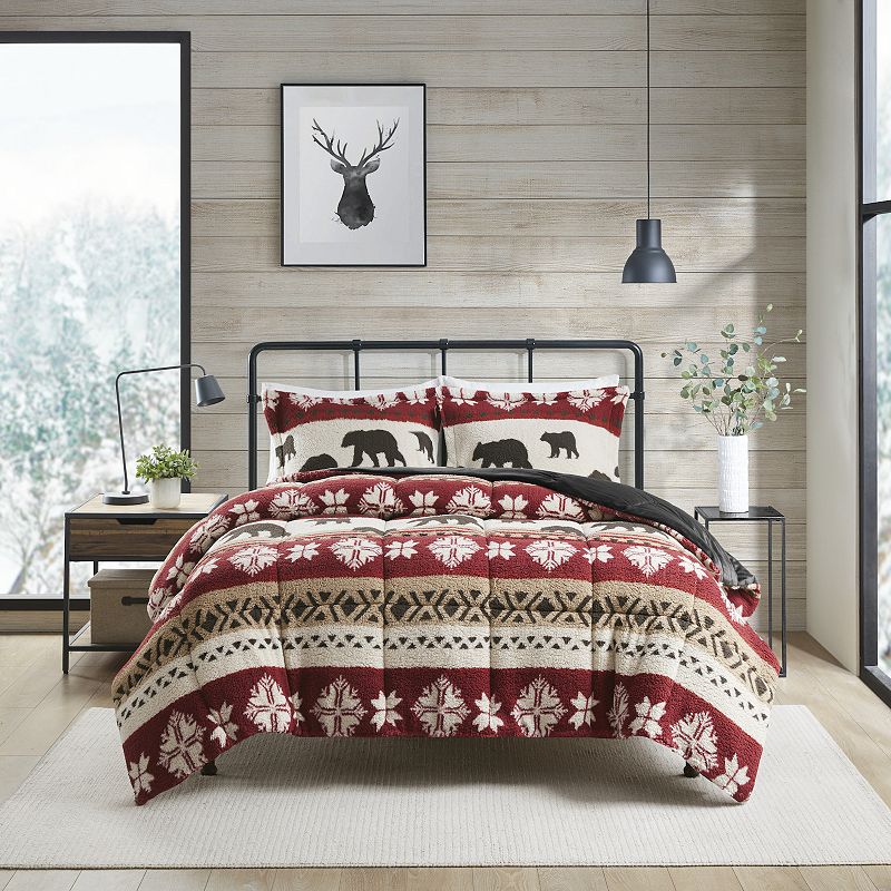 Woolrich Tunbridge Print Sherpa Comforter Set with Shams, Red, Full/Queen