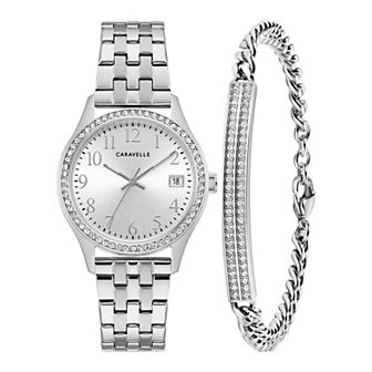 Caravelle by Bulova Women's Crystal Accented Stainless Steel Watch & Crystal Bracelet Box Set