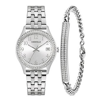 Caravelle by Bulova Women's Crystal Accented Stainless Steel Watch & Crystal Bracelet Box Set