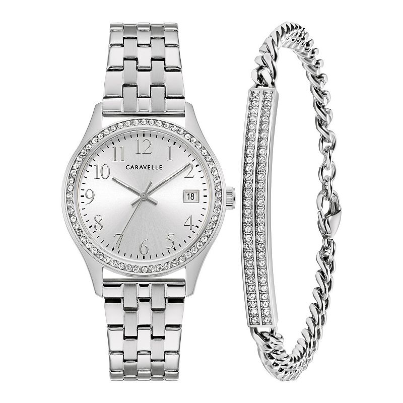 Caravelle by Bulova Women's Crystal Accented Stainless Steel Watch & Crystal Bracelet Box Set, Size: Medium, Silver