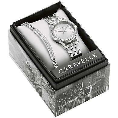Caravelle by Bulova Women's Crystal Accented Stainless Steel Watch & Crystal Bracelet Box Set