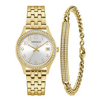 Caravelle by Bulova Women's Crystal Accented Gold Tone Stainless Steel Watch & Crystal Bracelet Box Set