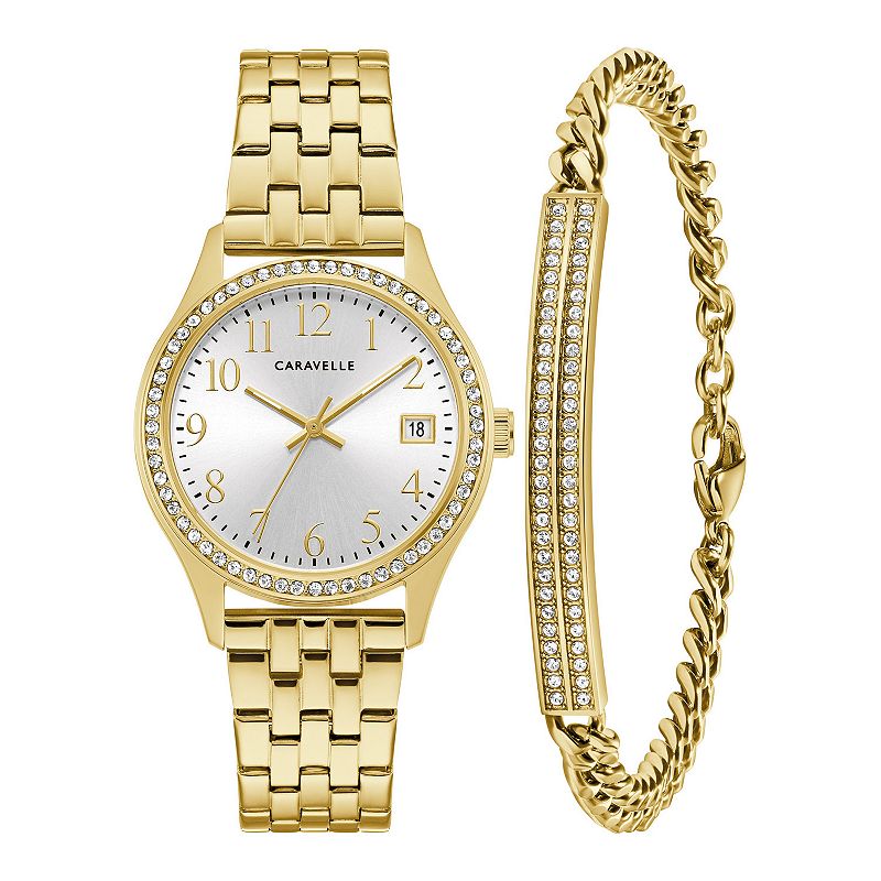 Caravelle by Bulova Women's Crystal Accented Gold Tone Stainless Steel Watch & Crystal Bracelet Box Set, Size: Medium