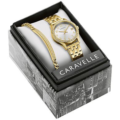 Caravelle by Bulova Women's Crystal Accented Gold Tone Stainless Steel Watch & Crystal Bracelet Box Set