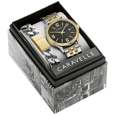 Caravelle by Bulova Men's Two-Tone Stainless Steel Black Dial Watch & Two-Tone Link Bracelet Box Set