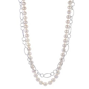 PearLustre by Imperial Sterling Silver Rolo Chain & Freshwater Cultured Pearl Layered Necklace