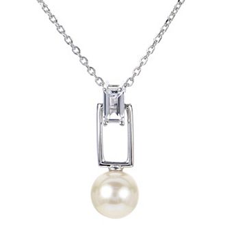 PearLustre by Imperial Sterling Silver Freshwater Cultured Pearl & White Topaz Pendant Necklace