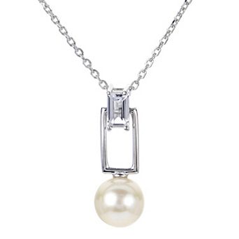 PearLustre by Imperial Sterling Silver Freshwater Cultured Pearl & White Topaz Pendant Necklace
