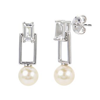PearLustre by Imperial Sterling Silver Freshwater Cultured Pearl & White Topaz Drop Earrings