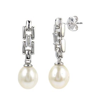 PearLustre by Imperial Sterling Silver Freshwater Cultured Pearl & White Topaz Drop Earrings