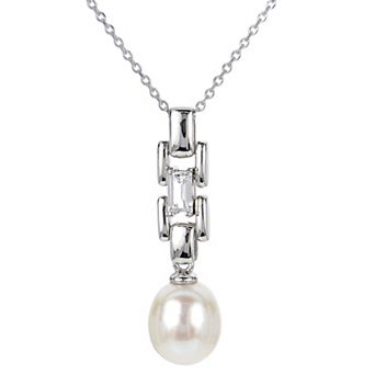 PearLustre by Imperial Sterling Silver Freshwater Cultured Pearl & White Topaz Pendant Necklace