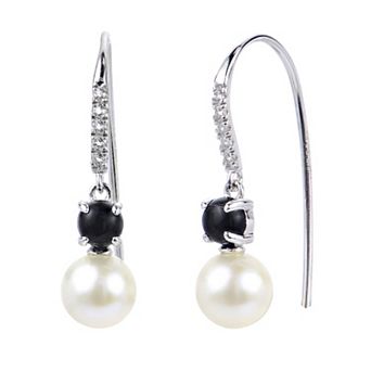 PearLustre by Imperial Sterling Silver Freshwater Cultured Pearl, Lab-Created White Sapphire & Black Onyx Drop Earrings