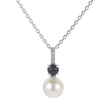 PearLustre by Imperial Sterling Silver Freshwater Cultured Pearl, Lab-Created White Sapphire & Black Onyx Pendant Necklace