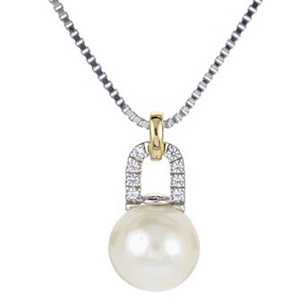 PearLustre by Imperial 14k Gold Over Silver Two Tone Freshwater Cultured Pearl & Lab-Created White Sapphire Pendant Necklace