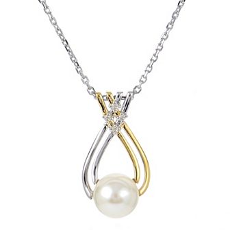 PearLustre by Imperial 14k Gold Over Silver Two Tone Freshwater Cultured Pearl & Lab-Created White Sapphire Pendant Necklace
