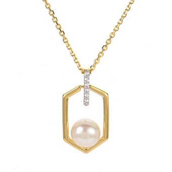 PearLustre by Imperial 14k Gold Over Silver Freshwater Cultured Pearl & Lab-Created White Sapphire Geometric Pendant Necklace